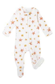 Sleepy starfish are sure to bring your little one sweet dreams in this organic-cotton footie with an easy two-way zipper. Two way front zip closure with chin guard Fold-over cuffs on sizes preemie to 6-9 months help prevent accidental scratches 100% organic cotton Machine wash, tumble dry Imported Newborn Sleep Clothes, Newborn Zipper Onesie, Spring Bedtime Footie, Bedtime Outfit, Infant Pajamas, Newborn Photo Outfits, Tactile Stimulation, Newborn Footie Pajamas, Baby Bedtime