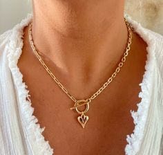 Paperclip Chain Necklace, Necklace Layered, Toggle Necklace, Puffed Heart, Necklace Collection, Gold Heart Necklace, Necklace Heart, Initial Pendant, Coin Necklace