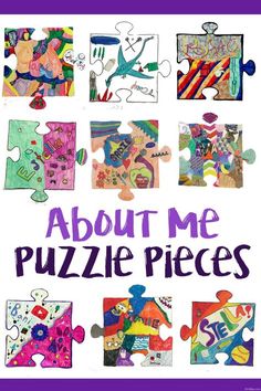 a poster with the words about me puzzle pieces