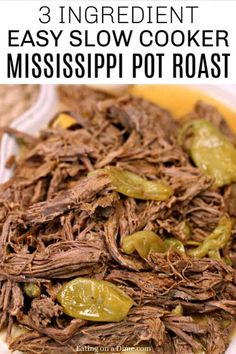 the crock pot mississippi roast is served on a plate with green peppers and jalapenos