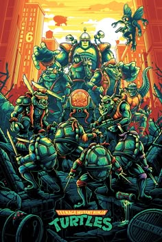 an image of teenage mutant turtles in the middle of a city with buildings and trees