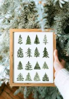 a person holding up a frame with trees drawn on it in front of a christmas tree