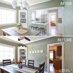 before and after pictures of a dining room, kitchen and living room in an open floor plan