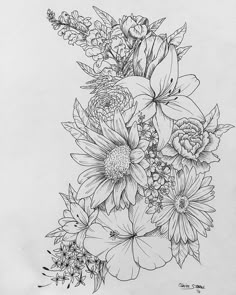 a drawing of flowers in black and white with the words tattoo artwork flowers on it