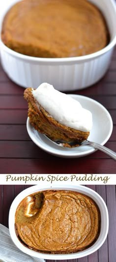 pumpkin spice pudding in a white dish with a spoon on the side and an image of it