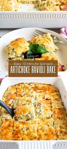 an artichoke ravioli bake in a white casserole dish