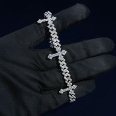 Material: White Gold plating over s925 base. Stones: VVS Moissanite Cuban chain width: 6mm(W) Mini Bracelet, Cuban Bracelet, Jewelry Quotes, Mens Crosses, Diamond Cross, Jewelry Lookbook, Cross Bracelet, Cuban Chain, Crystal Bracelet