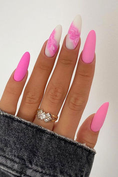 Pink and White Nails Pink On White Nails, Pale Pink And White Nails, Coffin Shaped Pink Nails, Summer Flower Nail Ideas, Girly Almond Nail Designs, Pink And White Designs Nails, White Pink Nails Design, Pink With White Nails, White With Pink Nails