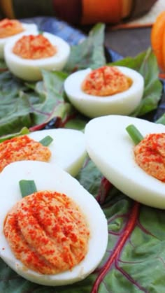 deviled eggs with red sauce on them sitting on top of lettuce leaves