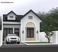 a white car is parked in front of a house with a black roof and windows