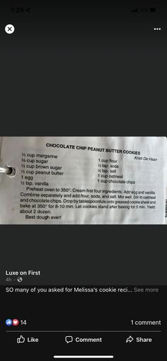 the menu for chocolate chip peanut butter cookies