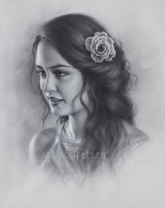 a pencil drawing of a girl with a flower in her hair, looking to the side