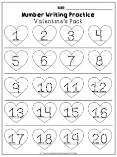 valentine's day worksheet with numbers and hearts for the number writing practice