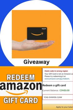 the amazon gift card is being held in front of an orange and blue background with text