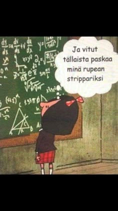 a cartoon character is standing in front of a chalkboard with writing on it and an empty thought bubble above his head