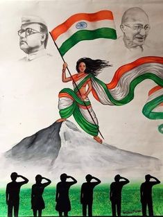 Indian Flag Art Painting, Independent Day Poster Drawing, Tiranga Rangoli Designs, Hindi Day Poster Drawing, Drawings For Independence Day, Independent Day Painting, Patriotic Drawings India, Republic Day Posters Drawing