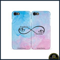 two phone cases with the words together forever and an image of hearts on one side