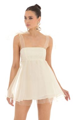 Saren Shoulder Bow Baby Doll Dress in Cream | Lucy in the Sky 90's Courtney Babydoll Angelic Sheer Puff Sleeve Tulle Mini Dress, Tulle Short Dress, Fun Vibes, Fairy Clothes, Girls Skirt, Graduation Dresses, Women Y2k, Baby Doll Dress, Lace Bodycon