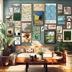 a living room filled with lots of pictures on the wall above a couch and coffee table