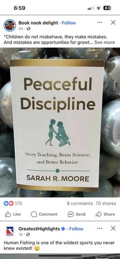 a sign that is on the side of a pile of silver balls with words peaceful discipline