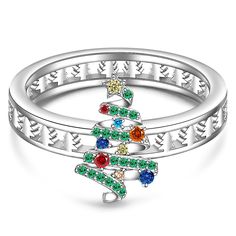 two rings with different colored stones in the shape of a christmas tree on each ring