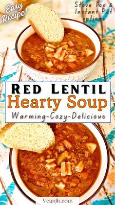 2 pictures of Red Lentil Soup in a white bowl served with slice of bread. Lentil Recipes Vegan, Soup Recipe Vegan, Vegan Lentil Recipes, Red Lentil Recipes, Red Lentil Soup Recipe, Lentil Soup Recipe