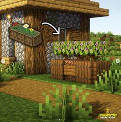 an image of a house in minecraft with the door open and flowers growing outside