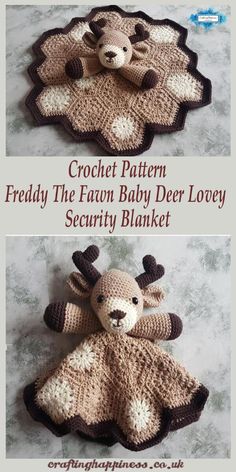 two crocheted stuffed animals sitting on top of each other with text overlay that says, free crochet pattern friday the faun baby deer lovey security blanket