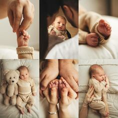 a collage of photos with a baby being held up by someone's hands