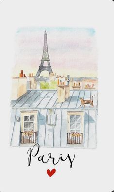 the eiffel tower in paris, france is painted with watercolor and ink