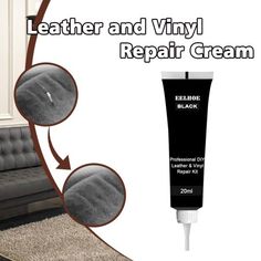 the leather and vinyl repair cream is in front of a couch with two pictures showing it