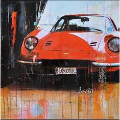 a painting of a red car parked in front of a building