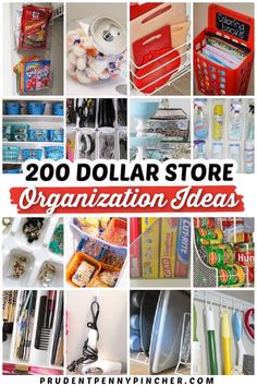 the words dollar store organization ideas are overlaid by images of kitchen items and utensils