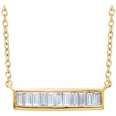 Our Baguette diamond necklace is lovely, feminine, modern and timeless in style. Diamond bar necklace in 14k Gold is a horizontal bar necklace style. I love the clean design and simple style! Sometimes simple is the best! The horizontal bar necklace holds diamond baguette cuts in either 1/4 or 1/2 carat diamond weight. While this is a stand-alone necklace, it is certainly an elegant layering necklace, which will be the anchor piece & work well with today's layering of multiple necklace's style, Baguette Diamond Necklace, Horizontal Bar Necklace, Diamond Bar Necklace, Bracelet Size Chart, Diamond Baguette, Colorless Diamond, Friend Necklaces, Necklace Craft, Diamond Bar