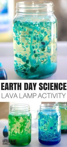 three jars filled with liquid and the words earth day science lava lamp activity on them