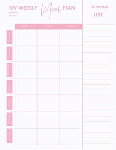 the printable meal plan is shown in pink