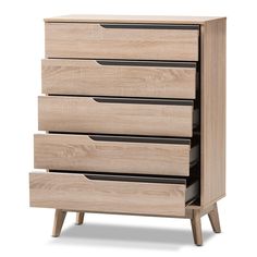 Baxton Studio Fella Mid-Century Modern Two-Tone Oak and Grey Wood 5-Drawer Chest FredCo theFredCo Traditional Chest, Drawer Lights, Scandinavian Aesthetic, 5 Drawer Dresser, Chest Dresser, Metal Slide, 5 Drawer Chest, Wood Chest, Baxton Studio