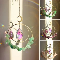 four pictures of the same wind chime with different colored beads and charms hanging from it's sides