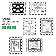 four stamps with different designs on them, including the words and symbols for each stamp