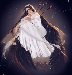 a woman with long black hair wearing a white dress and holding an arrow in her hand