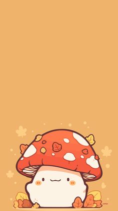 an orange mushroom with white dots on it's head and eyes, sitting in front of