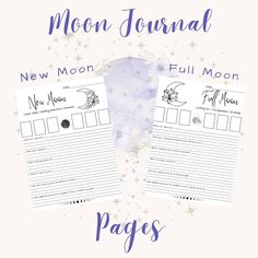 two moon journal pages with the text full moon on them and stars in the background