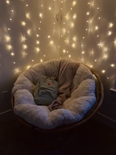 a dog bed with lights on the wall behind it and a bag in the middle