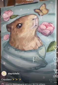 a painting of a beaver floating in the water with pink flowers on it's head