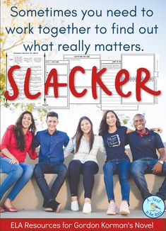 a group of people sitting next to each other on a bench with the words slacker