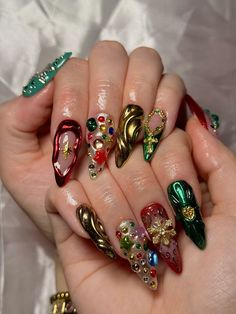 christmas nail inspo, christmas nail inspiration, holiday nail inspo, nail inspiration, nail inspo, nails, nail art, nail ideas Christmas Maximalist Nails, Christmas Nails Maximalist, Junk Nails Designs, Kawaii Junk Nails, Y2k Christmas Nails, Nail Inspo Christmas, Christmas Nail Inspiration, Extravagant Christmas, Maximalist Nails