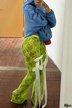 Bjux - Chic Lace Patchwork Boot Cut Low Waist Bottoms with Streetwear Flair Green Mesh Bottoms For Summer, Summer Green Mesh Bottoms, Casual Mesh Bottoms For Spring, Hooded Dress Outfit, Pants With Bow, Urban Chic Outfits, Patchwork Boots, Funky Pants, Girl Sport