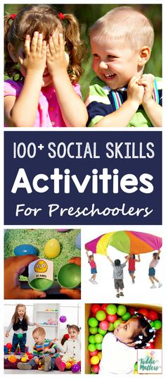 the cover of 100 social skills activities for preschoolers with pictures of children holding hands over their eyes