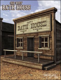 an old west bath house is shown in this digital painting style, with the words bath house painted on it's side