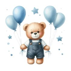 a brown teddy bear wearing overalls and holding blue balloons